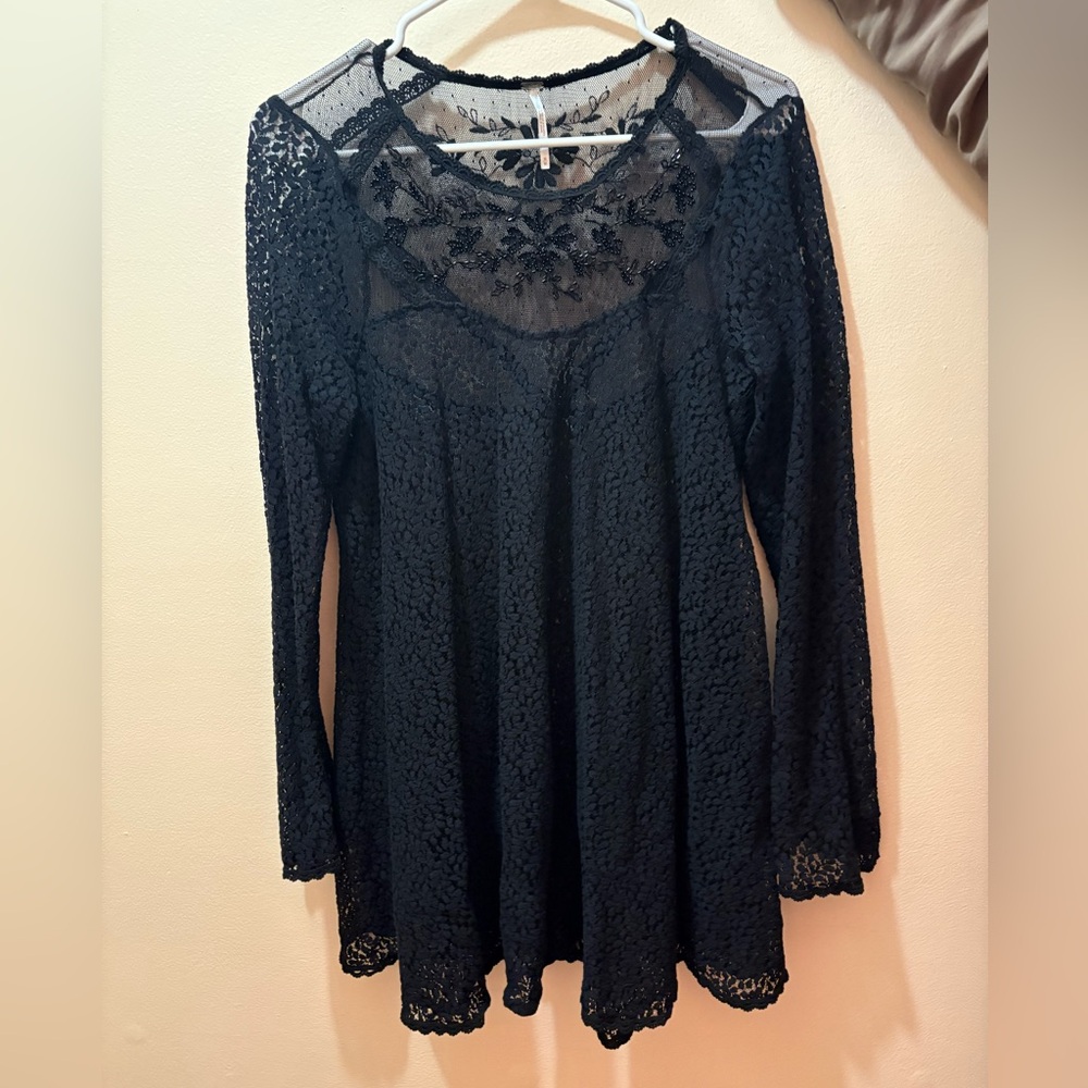 Free People black lace tunic or mini dress with embroidery details size medium